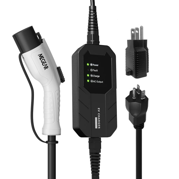 MEGEAR Level 1-2 J1772 EV Charger | 16 Amp | NEMA 6-20 Plug &Nema 5-15 Adapter